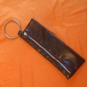 Faux Imitation Black Leather Wristlet - Metal Loop handle Black Mini Purse